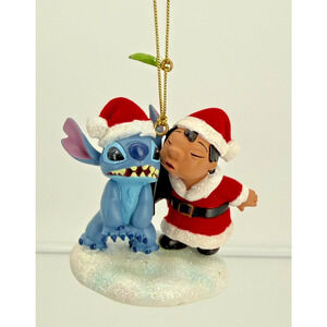 Disney Parks Lilo & Stitch Mistletoe Ornament Glitter Accent Kissing Santa Hat